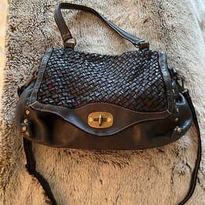 Cuir Rose Black Leather Woven Handbag - Made in Italy